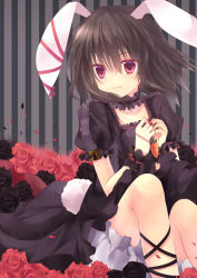 Rule 34 | 1girl, alternate color, animal ears, bad id, bad pixiv id, black flower, black rose, bow, brown hair, rabbit ears, carrot, dress, female focus, flower, inaba tewi, jewelry, marotti, nail polish, plant, red eyes, red flower, red rose, rose, short hair, smile, solo, tail, touhou