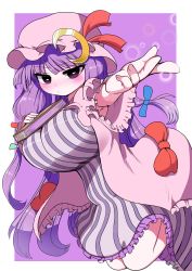 Rule 34 | 1girl, absurdres, blush, book, bow, breasts, dress, foreshortening, frills, hair bow, hat, highres, huge breasts, long hair, looking at viewer, mob cap, moon (ornament), patchouli knowledge, purple eyes, purple hair, simple background, striped clothes, striped dress, touhou, zurikishi