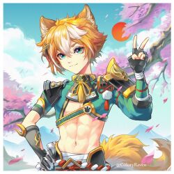 Rule 34 | 1boy, abs, animal ears, aqua eyes, armor, asymmetrical sleeves, black gloves, blue sky, brown hair, cherry blossoms, closed mouth, cloud, coloryraven, commentary, cowboy shot, crop top, day, dog boy, dog ears, dog tail, english commentary, fingerless gloves, gauntlets, genshin impact, gloves, gorou (genshin impact), hair between eyes, hair ornament, hand on own hip, hand up, highres, igote, japanese armor, japanese clothes, looking at viewer, male focus, multicolored hair, navel, outdoors, paw print, sidelocks, single fingerless glove, sky, smile, solo, standing, stomach, streaked hair, tail, tree, twitter username, v, white hair