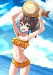 Rule 34 | 1girl, arched back, armpits, arms up, bad id, bad pixiv id, belly, bikini, bikini skirt, blue eyes, breasts, cleavage, cloud, cloudy sky, collarbone, commentary request, cowboy shot, day, ebi frion (matsuri channel), frilled bikini, frills, hair between eyes, halterneck, highleg, highleg bikini, holding, holding stuffed toy, hololive, looking at viewer, natsuiro matsuri, natsuiro matsuri (hololive summer 2019), navel, object on head, ocean, official alternate costume, open mouth, outdoors, ryun (lryunl), short hair, side ponytail, skindentation, sky, solo, standing, stuffed toy, swimsuit, v-shaped eyebrows, virtual youtuber, yellow bikini