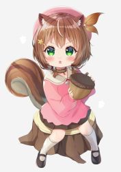 Rule 34 | &gt;:(, 1girl, acorn, acorn pendant, aged down, angry, animal ear fluff, animal ears, ayunda risu, beret, brown hair, brown skirt, child, choker, collar, fur choker, green eyes, hair ornament, hairclip, hat, highres, hololive, hololive indonesia, ikazu401, kindergarten uniform, leaf hair ornament, looking at viewer, mary janes, medium hair, nut (food), pink hat, pink shirt, pleated skirt, shirt, shoes, sitting, skirt, socks, solo, squirrel ears, squirrel girl, squirrel tail, tail, tree stump, twintails, v-shaped eyebrows, virtual youtuber, white collar, white socks