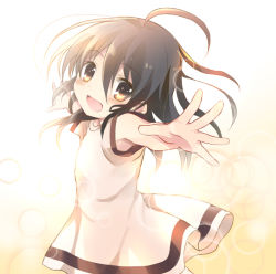 Rule 34 | 1girl, :d, aged down, ahoge, black hair, blush, brown eyes, dress, hair between eyes, long hair, looking at viewer, looking to the side, open mouth, outstretched arms, shakugan no shana, shana, short sleeves, smile, solo, spread arms, tachitsu teto, white dress