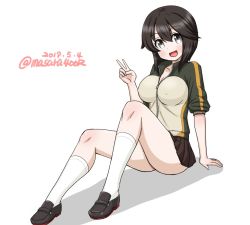 Rule 34 | 1girl, black footwear, black hair, black skirt, collarbone, commentary request, dated, full body, green jacket, grey eyes, hayasui (kancolle), jacket, kantai collection, kneehighs, loafers, looking at viewer, masara (chuujou), miniskirt, multicolored clothes, multicolored jacket, one-hour drawing challenge, open mouth, pleated skirt, shoes, short hair, simple background, sitting, skirt, smile, socks, solo, track jacket, twitter username, v, white background, white socks