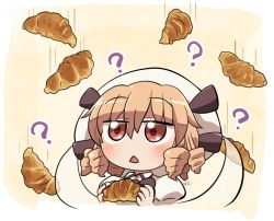 Rule 34 | 1girl, ?, blonde hair, blush, bread, dress, drill hair, fairy, fairy wings, food, hair between eyes, hat, holding, holding food, long hair, luna child, open mouth, portrait, red eyes, rokugou daisuke, signature, solo, touhou, white dress, white hat, wings