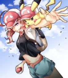 Rule 34 | .live, ;), ahoge, baseball cap, black shirt, blue shorts, blue sky, cloud, creatures (company), crop top, day, floating hair, game freak, gen 1 pokemon, hair between eyes, hat, highres, holding, holding poke ball, kitakami futaba, looking at viewer, midriff, nakano maru, navel, nintendo, on shoulder, one eye closed, outdoors, outstretched arm, outstretched hand, pikachu, pink eyes, pink hair, poke ball, poke ball (basic), pokemon, pokemon (creature), pokemon on shoulder, shirt, short hair, short shorts, shorts, sky, smile, stomach, virtual youtuber