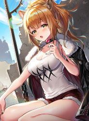 Rule 34 | 1girl, :o, animal ear fluff, animal ears, anzumame, arknights, bare arms, black choker, black jacket, black nails, blonde hair, blue sky, blush, breasts, candy, choker, cleavage, cloud, commentary, day, food, fur-trimmed jacket, fur-trimmed shorts, fur trim, hair between eyes, hand up, highres, holding, holding food, jacket, jacket on shoulders, large breasts, lens flare, lion ears, lollipop, long hair, looking at viewer, nail polish, open mouth, outdoors, red shorts, short shorts, shorts, siege (arknights), sitting, sky, solo, tank top, taut clothes, thighs, wariza, white tank top, yellow eyes