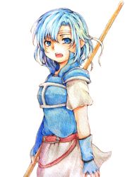 Rule 34 | 1girl, 46suk, armor, bad id, bad pixiv id, belt, blue eyes, blue hair, breastplate, fire emblem, fire emblem: the binding blade, gloves, matching hair/eyes, nintendo, open mouth, polearm, short hair, shoulder armor, skirt, solo, pauldrons, spear, thea (fire emblem), traditional media, watercolor pencil (medium), weapon