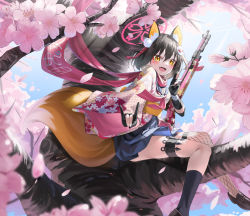 Rule 34 | 1girl, absurdres, animal ears, blue archive, braid, brown hair, cherry blossoms, fishnet thighhighs, fishnets, fox ears, fox girl, fox hair ornament, fox shadow puppet, fox tail, gloves, gun, halo, highres, in tree, izuna (blue archive), japanese clothes, kimyo, kunai, loafers, partially fingerless gloves, pink scarf, scarf, school uniform, serafuku, shoes, short hair, single thighhigh, sitting, sitting in tree, submachine gun, tail, thighhighs, tree, type 100 smg, weapon, white serafuku, yellow eyes
