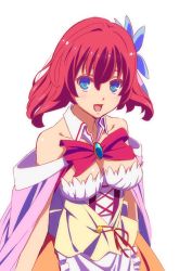 Rule 34 | 1girl, :d, bare shoulders, blue eyes, bow, bowtie, breasts, brooch, commentary request, detached collar, dress, flower, hair flower, hair ornament, jewelry, large breasts, looking at viewer, no game no life, ooya kouji, open mouth, red hair, short hair, smile, solo, stephanie dora