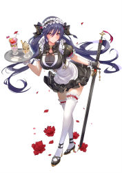 Rule 34 | 1girl, apron, black bow, black gloves, blush, bow, breasts, dress, fingerless gloves, frilled hairband, frilled sleeves, frilled thighhighs, frills, full body, gloves, hair between eyes, hair bow, hairband, holding, holding sword, holding weapon, katana, large breasts, leaning forward, lloule, long hair, looking at viewer, maid, maid headdress, original, parfait, petals, puffy short sleeves, puffy sleeves, purple eyes, purple hair, short sleeves, simple background, solo, spoon, sword, thighhighs, tray, twintails, weapon, white background, white thighhighs, wrist cuffs, zettai ryouiki