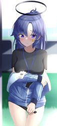 Rule 34 | 1girl, absurdres, black shirt, black shorts, blue archive, blue hair, blurry, blurry background, blush, closed mouth, cowboy shot, female focus, grabbing own arm, halo, highres, jacket, kyukouka p, lanyard, looking at viewer, off shoulder, one side up, purple eyes, shirt, short shorts, shorts, shorts tug, solo, star (symbol), sticker on face, t-shirt, thigh gap, thighs, track jacket, yuuka (blue archive)