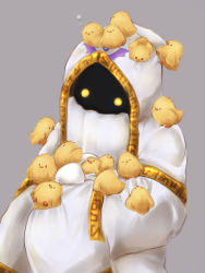 Rule 34 | 1boy, animal, animal on head, animal on shoulder, beak, bird, bird on hand, bird on head, bird on shoulder, chick, cloak, egg, feathers, glowing, glowing eyes, gold trim, highres, holding, holding egg, hood, hyness, kirby: star allies, kirby (series), long sleeves, looking to the side, lying, male focus, mouth veil, mukurou-rukb, nintendo, on back, on head, simple background, sleeping, sleeves past fingers, sleeves past wrists, solo, too many, veil, very long sleeves, white cloak, white hood, yellow eyes, yellow feathers
