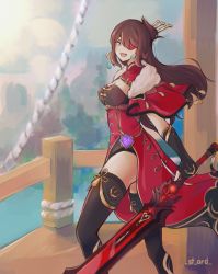 Rule 34 | 1girl, absurdres, beidou (genshin impact), black gloves, breasts, brown hair, capelet, cleavage, cleavage cutout, clothing cutout, dress, earrings, eyepatch, fingerless gloves, genshin impact, gloves, hair ornament, hair over one eye, hair stick, hairpin, highres, holding, holding sword, holding weapon, jewelry, large breasts, long hair, looking at viewer, one eye covered, open mouth, red dress, colored eyepatch, red eyes, rope, st ard, sword, thighhighs, thighs, vision (genshin impact), weapon