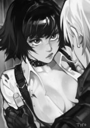 Rule 34 | 1boy, 1girl, against wall, bad id, bad twitter id, black hair, blush, breasts, collar, commentary, dante (devil may cry), devil may cry, devil may cry (series), devil may cry 3, devil may cry 5, english commentary, fingerless gloves, gloves, greyscale, lady (devil may cry), lips, looking at another, medium breasts, monochrome, no bra, nose, nose blush, optionaltypo, scar, see-through, shirt, short hair, shoulder grab, solo focus, suspenders, sweat, wet, wet clothes, wet shirt, white hair
