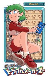 Rule 34 | 1girl, alternate costume, blue eyes, cameron sewell, cat, cellphone, character name, english text, full body, green hair, highres, hood, hoodie, looking to the side, marina liteyears, phone, shoes, short hair, shorts, sitting, smartphone, smile, sneakers, socks, yuke yuke!! trouble makers