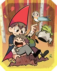 Rule 34 | 1girl, 2boys, animal, beatrice (over the garden wall), bird, black eyes, blush, blush stickers, brothers, cape, closed eyes, expressionless, forest, frog, gregory (over the garden wall), happy, hat, hug, leaf, looking at another, multiple boys, nature, open mouth, over the garden wall, short hair, siblings, sitting, smile, teapot, tree, tsunoji, wirt (over the garden wall)