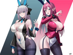 Rule 34 | 2girls, animal ears, asymmetrical legwear, black bow, blue eyes, bow, braid, breasts, choker, cleavage, clothing cutout, corset, detached sleeves, baobhan sith (fate), fate/grand order, fate (series), french braid, garter straps, gradient background, grey eyes, groin, hair intakes, highres, huge breasts, kurozawa yui, large breasts, legs together, long hair, looking at viewer, morgan le fay (fate), multiple girls, nail polish, navel, navel cutout, necktie, pale skin, pantyhose, pink hair, pointy ears, rabbit ears, signature, skindentation, thighhighs