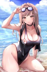Rule 34 | 1girl, adjusting goggles, alternate costume, arm support, armpits, black choker, blush, breasts, brown hair, choker, cleavage, closed mouth, cloud, collarbone, commentary, competition swimsuit, curvy, day, goddess of victory: nikke, goggles, goggles on head, highres, large breasts, lens flare, long hair, one-piece swimsuit, outdoors, partially submerged, piyopiyomaru (piyo8823), rapi (classic vacation) (nikke), rapi (nikke), red eyes, solo, swimsuit, thighs, towel, towel around neck, very long hair, water, wet, wide hips