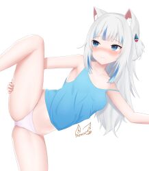 Rule 34 | 1girl, absurdres, animal ear fluff, animal ears, artist logo, bare arms, bare legs, bare shoulders, blue camisole, blue eyes, blue hair, blunt bangs, blush, breasts, camisole, cat ears, collarbone, commentary, english commentary, feet out of frame, frenchi yuzuriha, frown, gawr gura, grey hair, hair ornament, hand on own leg, highres, hololive, hololive english, leg lift, leg up, long hair, multicolored hair, no tail, off shoulder, panties, shark hair ornament, sidelocks, signature, small breasts, spread legs, standing, standing on one leg, stomach, streaked hair, two side up, underwear, underwear only, virtual youtuber, white background, white panties
