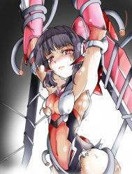 Rule 34 | 10s, 1girl, arched back, armpits, arms up, black hair, blush, breasts, closed mouth, commentary request, covered navel, gauntlets, headgear, leotard, light trail, lips, long hair, pink eyes, pink leotard, restrained, senki zesshou symphogear, small breasts, solo, suga leon, sweat, tearing up, tentacles, torn clothes, torn leotard, tsukuyomi shirabe, twintails