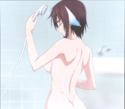 Rule 34 | 1girl, anime screenshot, ass, back, breasts, brown hair, butt crack, closed eyes, highres, holding, holding shower head, lynn mei, medium breasts, nude, plunderer, screencap, shower, shower head, showering, sideboob, stitched, third-party edit, wet
