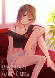 Rule 34 | 10s, 1girl, barefoot, bikini, bikini top only, black shirt, bracelet, breasts, brown hair, character name, cleavage, closed mouth, collarbone, crop top, dated, earrings, fukahire (ruinon), green eyes, hair between eyes, happy birthday, idolmaster, idolmaster cinderella girls, jewelry, kimura natsuki, looking at viewer, medium breasts, midriff, nail polish, navel, off-shoulder shirt, off shoulder, plant, shirt, short hair, short shorts, shorts, sitting, smile, solo, strap, swimsuit, text focus, the rolling stones, white shorts