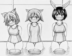 Rule 34 | 3girls, ahoge, angry, animal ears, arms behind back, bdsm, blush, bondage, bound, breasts, collarbone, dog ears, female focus, full body, gag, gagged, graphite (medium), greyscale, hair between eyes, hair flaps, hair ornament, hairclip, highres, hip focus, improvised gag, karibuchi hikari, large breasts, leaning forward, legs together, lineup, looking at viewer, medium breasts, miyafuji yoshika, monochrome, multiple girls, old school swimsuit, one-piece swimsuit, parted bangs, rabbit ears, rabbit girl, restrained, school swimsuit, seiza, shimohara sadako, short hair, sitting, small breasts, squirrel ears, strike witches, sweat, swimsuit, tape, tape bondage, tape gag, thighs, traditional media, world witches series, yoshimasa