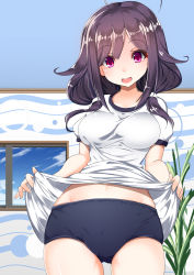 Rule 34 | 10s, 1girl, alternate costume, bad id, bad pixiv id, blue sky, breasts, buruma, clothes lift, gym uniform, highres, inu3, kantai collection, long hair, looking at viewer, low twintails, open mouth, plant, purple hair, red eyes, shirt, shirt lift, short sleeves, sky, solo, taigei (kancolle), twintails, window