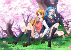 Rule 34 | 2girls, alternate costume, black legwear, blouse, blue eyes, blue hair, blush, breasts, brown eyes, cherry blossoms, closed mouth, highres, holding hands, looking at viewer, medium breasts, multiple girls, nami (one piece), nefertari vivi, one piece, open mouth, orange hair, outdoors, parted bangs, shirt, short hair, sitting, smile, tears, tree, white shirt, yuri