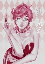 Rule 34 | 1girl, bare shoulders, breasts, character name, choker, cleavage, collarbone, cosmetics, english text, green eyes, hair between eyes, highres, holding, jojo no kimyou na bouken, large breasts, lipstick tube, looking at viewer, medium hair, parted lips, pink hair, pink theme, strapless, tobu (bilibil), trish una, vento aureo