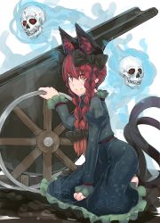 Rule 34 | 1girl, animal ear fluff, animal ears, b.d, barefoot, black bow, blush, bow, braid, cat ears, cat tail, closed mouth, dress, extra ears, flaming skull, floating skull, green dress, hair between eyes, hair bow, hair ribbon, highres, juliet sleeves, kaenbyou rin, kneeling, long hair, long sleeves, looking at viewer, multiple tails, nekomata, pointy ears, puffy sleeves, red eyes, red hair, ribbon, simple background, slit pupils, smile, solo, tail, touhou, tress ribbon, twin braids, twintails, two tails, wheelbarrow, white background