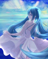 Rule 34 | 1girl, absurdly long hair, blue eyes, blue hair, closed mouth, cloud, day, dress, floating hair, from behind, hair between eyes, hatsune miku, highres, katorea, long hair, ocean, off shoulder, outdoors, skirt hold, sleeveless, sleeveless dress, solo, sundress, twintails, very long hair, vocaloid, white dress
