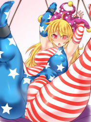 Rule 34 | 1girl, anus, arms up, bdsm, blonde hair, bodysuit, bondage, bound, breasts, censored, clownpiece, covered erect nipples, elbow gloves, gloves, gradient background, hisui (stapspats), mosaic censoring, pantyhose, pussy, red eyes, solo, sweat, tagme, touhou