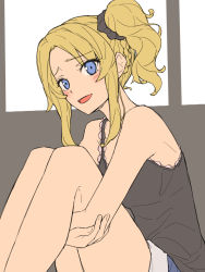 Rule 34 | 10s, 1girl, :d, bare arms, bare legs, bare shoulders, black scrunchie, black shirt, blonde hair, blue eyes, blue shorts, blush, braid, breasts, camisole, chiharu (9654784), commentary request, feet out of frame, from side, furrowed brow, hair ornament, hair scrunchie, highres, hugging own legs, knees up, lace trim, long hair, looking at viewer, looking to the side, open mouth, parted bangs, scrunchie, seishun buta yarou, shirt, short shorts, shorts, side ponytail, sidelocks, sitting, sketch, smile, solo, thighs, toyohama nodoka