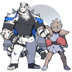 Rule 34 | 1boy, animal ears, arknights, bara, belt, black tank top, chain, chain necklace, commentary, creatures (company), crossover, dog tags, english commentary, facial hair, full body, furry, furry male, game freak, gen 1 pokemon, goatee, graysheartart, highres, hitmonchan, jewelry, large hands, large pectorals, leg belt, male focus, mountain (arknights), muscular, muscular male, necklace, nintendo, pectorals, pokemon, pokemon (creature), scar, scar across eye, scar on arm, short hair, sidepec, spikes, standing, tank top, thick eyebrows, thick thighs, thighs, tiger boy, tiger ears, white hair