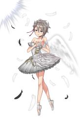 Rule 34 | 1girl, ange (princess principal), armband, ballet slippers, bare shoulders, black feathers, blue eyes, braid, circle skirt, dress, feathers, full body, hand on own chest, hands up, highres, looking at viewer, official art, plantar flexion, princess principal, princess principal game of mission, short hair, smile, solo, standing, tiara, tiptoes, transparent background, white dress, white feathers, white legwear