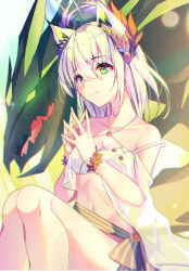 Rule 34 | 1girl, animal ears, arknights, bandeau, bare legs, bare shoulders, cat ears, commentary, cosplay, criss-cross halter, english commentary, green eyes, halterneck, highres, kal&#039;tsit (arknights), mon3tr (arknights), navel, official alternate costume, own hands together, platinum (arknights), platinum (arknights) (cosplay), short hair, silver hair, solo, steepled fingers, stomach, the0neulost, thighs