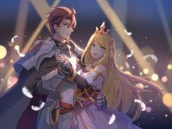 Rule 34 | 1boy, 1girl, aqua eyes, armor, blonde hair, blue eyes, brown hair, chelle (dragalia lost), closed mouth, commentary, cowboy shot, dancing, dark background, dragalia lost, dress, english commentary, expressionless, feathers, gradient background, happy (artist), highres, holding hands, knight, leif (dragalia lost), lens flare, light particles, long hair, open mouth, princess, short hair, smile, spotlight, tiara, very long hair, white feathers