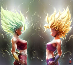 Rule 34 | 10s, 2girls, blonde hair, breasts, caulifla, clenched hands, dragon ball, dragon ball super, eye contact, green eyes, highres, kale (dragon ball), kanchiyo, looking at another, medium breasts, midriff, multiple girls, muscular, signature, skirt, spiked hair, strapless, super saiyan, tank top, tube top