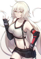 Rule 34 | 1girl, ahoge, bare shoulders, black gloves, black skirt, breasts, cleavage, closed mouth, collarbone, cosplay, crop top, elbow gloves, fate/grand order, fate (series), final fantasy, final fantasy vii, fingerless gloves, gloves, hair between eyes, highres, jeanne d&#039;arc (fate), jeanne d&#039;arc alter (avenger) (fate), jeanne d&#039;arc alter (fate), large breasts, long hair, looking at viewer, midriff, miniskirt, navel, palm tree, shigure s, silver hair, simple background, skirt, slit pupils, smile, solo, suspender skirt, suspenders, thighs, tifa lockhart, tifa lockhart (cosplay), tree, very long hair, white background, yellow eyes