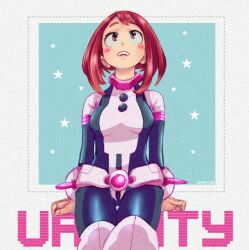 1girl artist_name black_bodysuit blush bodysuit boku_no_hero_academia breasts brown_eyes brown_hair commentary keiko-chan looking_up open_mouth sitting solo star_(symbol) teeth two-tone_bodysuit upper_teeth_only uraraka_ochako white_bodysuit