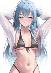 Rule 34 | 1girl, absurdres, blue eyes, blue hair, breasts, cleavage, highres, hoangryu, hololive, hoshimachi suisei, long hair, looking at viewer, medium breasts, open clothes, simple background, smile, solo, virtual youtuber
