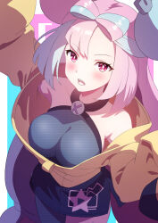 Rule 34 | 1girl, alternate breast size, blush, bow-shaped hair, breasts, bright pupils, collarbone, commentary request, creatures (company), game freak, green hair, iono (pokemon), jacket, large breasts, multicolored hair, nintendo, open mouth, pink hair, pokemon, pokemon sv, pon tanuki (ga7fsrge9jxblaw), single leg pantyhose, solo, star (symbol), star print, tongue, two-tone hair, white pupils, yellow jacket