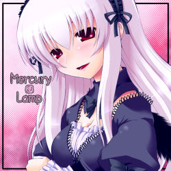 Rule 34 | 00s, 1girl, black bow, black dress, blush, bow, checkered background, dress, english text, flower, framed, frills, hairband, lipstick, long hair, looking at viewer, makeup, plait, red eyes, rose, rozen maiden, solo, suigintou, tilm, white hair