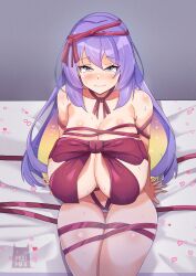 1girl blonde_hair blush breasts closed_mouth colored_inner_hair embarrassed heart highres hololive hololive_indonesia large_breasts long_hair looking_at_viewer moona_hoshinova multicolored_hair myumi naked_ribbon purple_eyes purple_hair red_ribbon ribbon solo very_long_hair virtual_youtuber