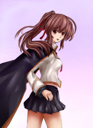 Rule 34 | 1girl, arc system works, blazblue, blazblue phase 0, breasts, brown eyes, brown hair, cape, celica a. mercury, female focus, gradient background, jurer, long hair, looking back, miniskirt, ponytail, red ribbon, ribbon, skirt, solo