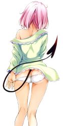Rule 34 | 1girl, absurdres, ass, back, butt crack, cleaned, highres, kneepits, long sleeves, momo velia deviluke, off shoulder, official art, panties, pink hair, short hair, simple background, solo, tail, to love-ru, underwear, white background, white panties, yabuki kentarou
