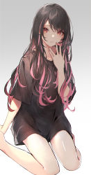 Rule 34 | 1girl, absurdres, bare legs, black hair, black shirt, commentary, ear piercing, eyes visible through hair, feet out of frame, gradient background, grey background, hair between eyes, hand to own mouth, highres, kuwashima rein, long hair, looking to the side, multicolored hair, nail polish, original, oversized clothes, oversized shirt, parted lips, piercing, pink hair, pink nails, red eyes, shirt, short sleeves, simple background, sitting, solo, streaked hair, two-tone hair, wariza