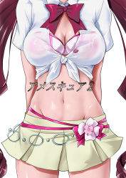 Rule 34 | 1girl, american school uniform, bow, bra, breasts, cleavage, flower, hanasaki tsubomi, heartcatch precure!, highres, large breasts, long hair, microskirt, midriff, navel, out of frame, pink bra, precure, red bow, red hair, shiny skin, shirt, simple background, skirt, solo, tamo (nama-yatsuhashi), twintails, underwear, very long hair, waist bow, white background, white shirt, yellow skirt