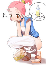 Rule 34 | 1girl, blue jacket, blush, bottle, brown eyes, chunsoft, clothes pull, dragon quest, dragon quest iii, earrings, enix, feet, flat chest, holding, jacket, jewelry, long hair, looking down, merchant (dq3), musical note, pants, pants pull, peeing, peeing in bottle, pink hair, ponytail, sandals, shirt, simple background, sleeveless, sleeveless jacket, smile, solo, squatting, tank top, translated, white background, white pants, white shirt